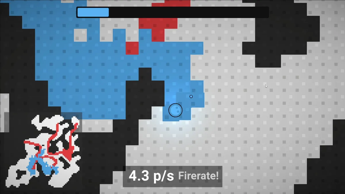 Tile Turfer: blue and red teams battling to claim tiles across a pixel map, with a minimap and a fire rate power up